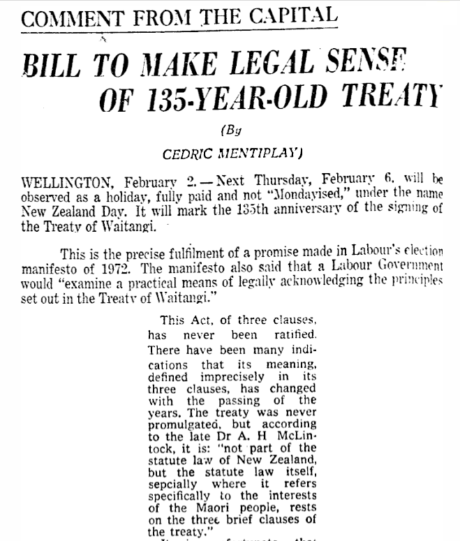 Newspaper report of the Waitangi Act